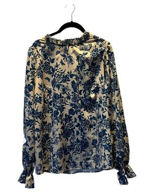 Floral Print Satin Blouse - Blue on Cream